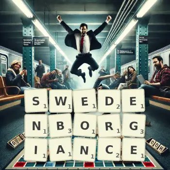 Kreatywna ilustracja do gry w Scrabble ze słowem SWEDENBORGIANCE ułożonym z płytek na planszy.