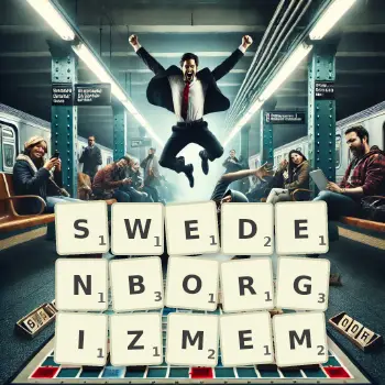 Kreatywna ilustracja do gry w Scrabble ze słowem SWEDENBORGIZMEM ułożonym z płytek na planszy.