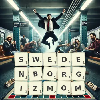 Kreatywna ilustracja do gry w Scrabble ze słowem SWEDENBORGIZMOM ułożonym z płytek na planszy.