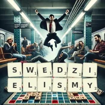 Kreatywna ilustracja do gry w Scrabble ze słowem SWEDZIELISMY ułożonym z płytek na planszy.