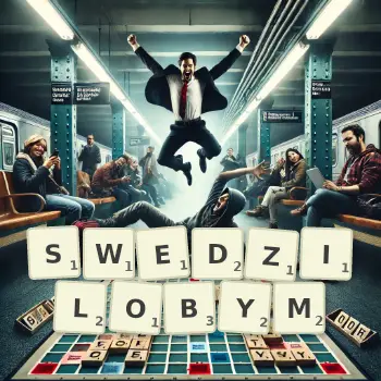 Kreatywna ilustracja do gry w Scrabble ze słowem SWEDZILOBYM ułożonym z płytek na planszy.