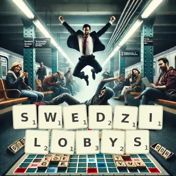 Kreatywna ilustracja do gry w Scrabble ze słowem SWEDZILOBYS ułożonym z płytek na planszy.