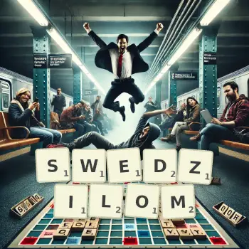 Kreatywna ilustracja do gry w Scrabble ze słowem SWEDZILOM ułożonym z płytek na planszy.