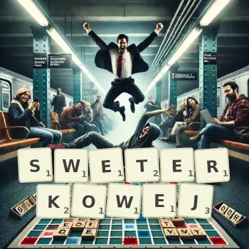 Kreatywna ilustracja do gry w Scrabble ze słowem SWETERKOWEJ ułożonym z płytek na planszy.