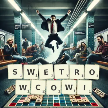 Kreatywna ilustracja do gry w Scrabble ze słowem SWETROWCOWI ułożonym z płytek na planszy.