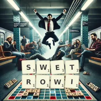 Kreatywna ilustracja do gry w Scrabble ze słowem SWETROWI ułożonym z płytek na planszy.