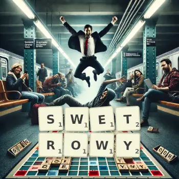 Kreatywna ilustracja do gry w Scrabble ze słowem SWETROWY ułożonym z płytek na planszy.