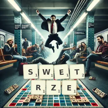 Kreatywna ilustracja do gry w Scrabble ze słowem SWETRZE ułożonym z płytek na planszy.