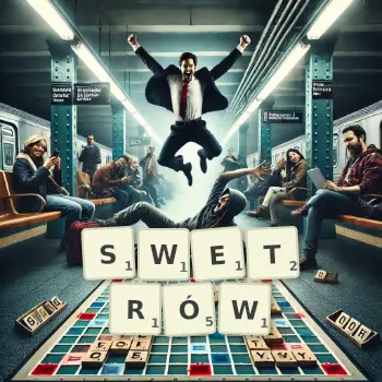 Kreatywna ilustracja do gry w Scrabble ze słowem SWETRÓW ułożonym z płytek na planszy.