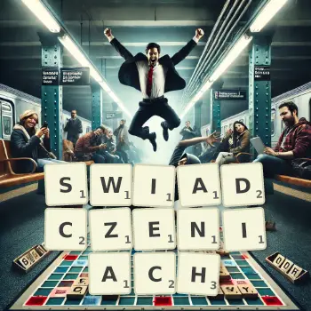 Kreatywna ilustracja do gry w Scrabble ze słowem SWIADCZENIACH ułożonym z płytek na planszy.