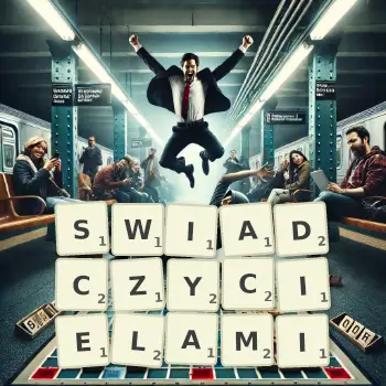 Kreatywna ilustracja do gry w Scrabble ze słowem SWIADCZYCIELAMI ułożonym z płytek na planszy.