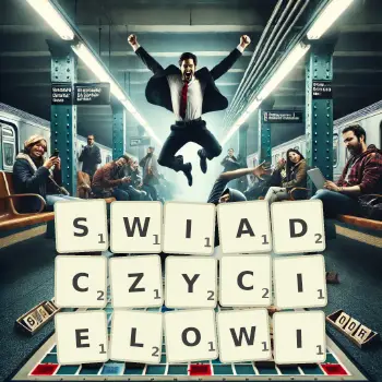 Kreatywna ilustracja do gry w Scrabble ze słowem SWIADCZYCIELOWI ułożonym z płytek na planszy.