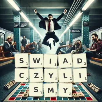 Kreatywna ilustracja do gry w Scrabble ze słowem SWIADCZYLISMY ułożonym z płytek na planszy.