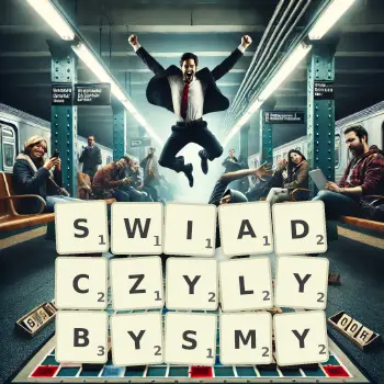 Kreatywna ilustracja do gry w Scrabble ze słowem SWIADCZYLYBYSMY ułożonym z płytek na planszy.