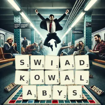 Kreatywna ilustracja do gry w Scrabble ze słowem SWIADKOWALABYS ułożonym z płytek na planszy.