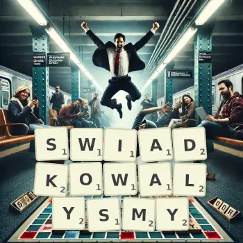 Kreatywna ilustracja do gry w Scrabble ze słowem SWIADKOWALYSMY ułożonym z płytek na planszy.