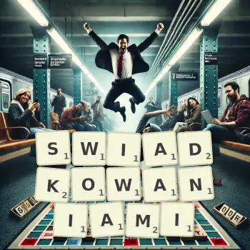 Kreatywna ilustracja do gry w Scrabble ze słowem SWIADKOWANIAMI ułożonym z płytek na planszy.