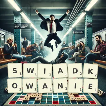 Kreatywna ilustracja do gry w Scrabble ze słowem SWIADKOWANIE ułożonym z płytek na planszy.