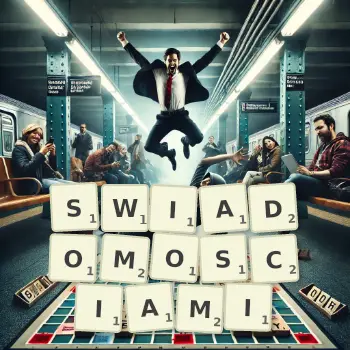 Kreatywna ilustracja do gry w Scrabble ze słowem SWIADOMOSCIAMI ułożonym z płytek na planszy.