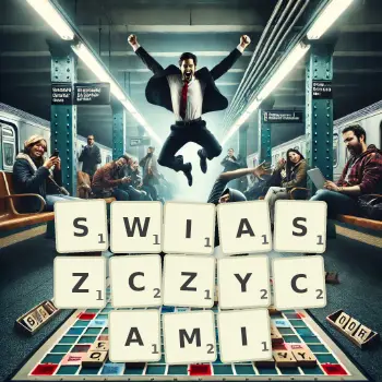 Kreatywna ilustracja do gry w Scrabble ze słowem SWIASZCZYCAMI ułożonym z płytek na planszy.