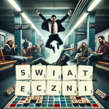 Kreatywna ilustracja do gry w Scrabble ze słowem SWIATECZNI ułożonym z płytek na planszy.