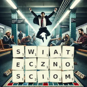 Kreatywna ilustracja do gry w Scrabble ze słowem SWIATECZNOSCIOM ułożonym z płytek na planszy.