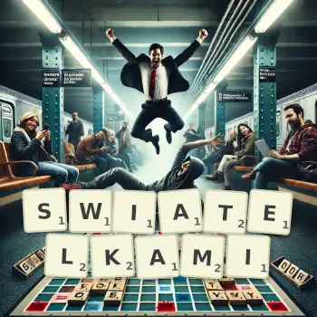 Kreatywna ilustracja do gry w Scrabble ze słowem SWIATELKAMI ułożonym z płytek na planszy.