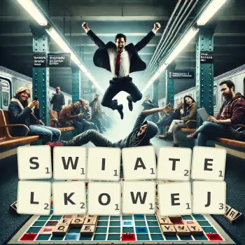 Kreatywna ilustracja do gry w Scrabble ze słowem SWIATELKOWEJ ułożonym z płytek na planszy.