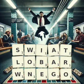 Kreatywna ilustracja do gry w Scrabble ze słowem SWIATLOBARWNEGO ułożonym z płytek na planszy.