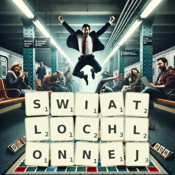 Kreatywna ilustracja do gry w Scrabble ze słowem SWIATLOCHLONNEJ ułożonym z płytek na planszy.