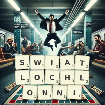 Kreatywna ilustracja do gry w Scrabble ze słowem SWIATLOCHLONNI ułożonym z płytek na planszy.