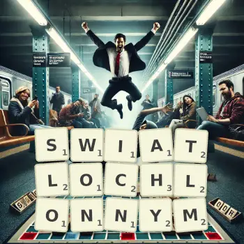 Kreatywna ilustracja do gry w Scrabble ze słowem SWIATLOCHLONNYM ułożonym z płytek na planszy.