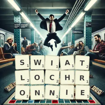 Kreatywna ilustracja do gry w Scrabble ze słowem SWIATLOCHRONNIE ułożonym z płytek na planszy.