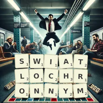 Kreatywna ilustracja do gry w Scrabble ze słowem SWIATLOCHRONNYM ułożonym z płytek na planszy.