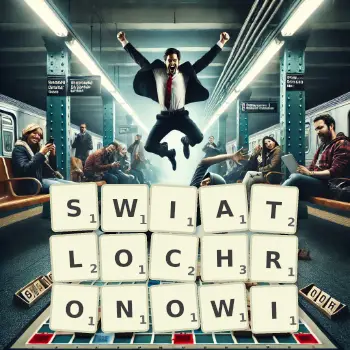 Kreatywna ilustracja do gry w Scrabble ze słowem SWIATLOCHRONOWI ułożonym z płytek na planszy.