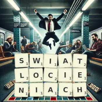 Kreatywna ilustracja do gry w Scrabble ze słowem SWIATLOCIENIACH ułożonym z płytek na planszy.