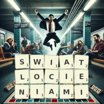 Kreatywna ilustracja do gry w Scrabble ze słowem SWIATLOCIENIAMI ułożonym z płytek na planszy.