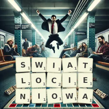 Kreatywna ilustracja do gry w Scrabble ze słowem SWIATLOCIENIOWA ułożonym z płytek na planszy.