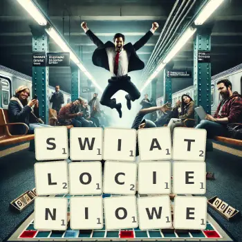 Kreatywna ilustracja do gry w Scrabble ze słowem SWIATLOCIENIOWE ułożonym z płytek na planszy.