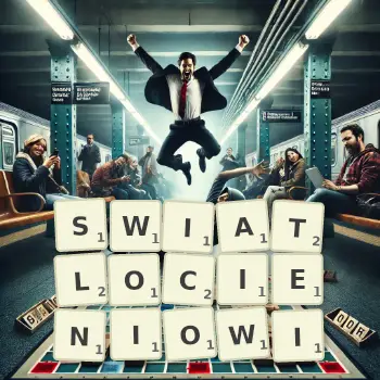 Kreatywna ilustracja do gry w Scrabble ze słowem SWIATLOCIENIOWI ułożonym z płytek na planszy.