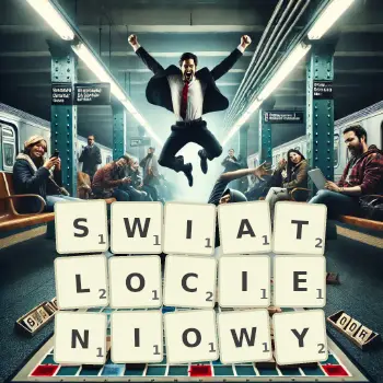 Kreatywna ilustracja do gry w Scrabble ze słowem SWIATLOCIENIOWY ułożonym z płytek na planszy.