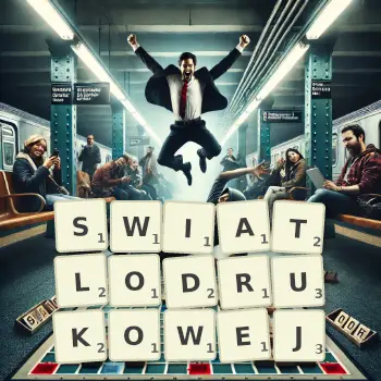 Kreatywna ilustracja do gry w Scrabble ze słowem SWIATLODRUKOWEJ ułożonym z płytek na planszy.