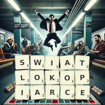 Kreatywna ilustracja do gry w Scrabble ze słowem SWIATLOKOPIARCE ułożonym z płytek na planszy.