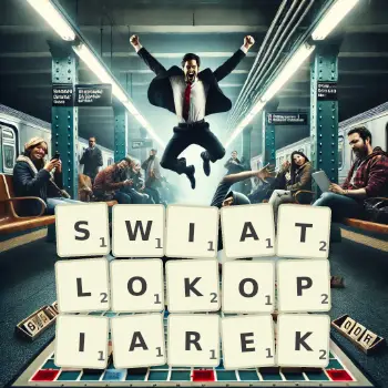 Kreatywna ilustracja do gry w Scrabble ze słowem SWIATLOKOPIAREK ułożonym z płytek na planszy.