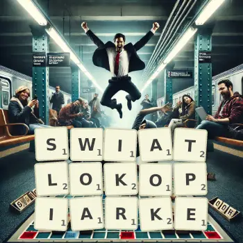 Kreatywna ilustracja do gry w Scrabble ze słowem SWIATLOKOPIARKE ułożonym z płytek na planszy.