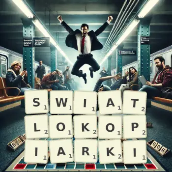 Kreatywna ilustracja do gry w Scrabble ze słowem SWIATLOKOPIARKI ułożonym z płytek na planszy.