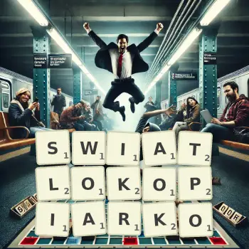 Kreatywna ilustracja do gry w Scrabble ze słowem SWIATLOKOPIARKO ułożonym z płytek na planszy.