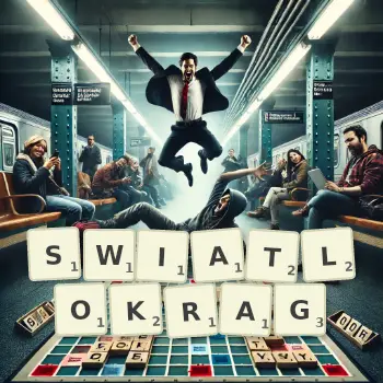 Kreatywna ilustracja do gry w Scrabble ze słowem SWIATLOKRAG ułożonym z płytek na planszy.