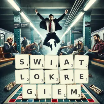 Kreatywna ilustracja do gry w Scrabble ze słowem SWIATLOKREGIEM ułożonym z płytek na planszy.