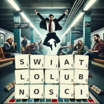 Kreatywna ilustracja do gry w Scrabble ze słowem SWIATLOLUBNOSCI ułożonym z płytek na planszy.